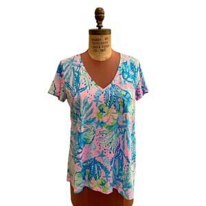 Lilly Pulitzer Etta V Neck Size M Mandevilla Baby Tropical Coastal Preppy Slub